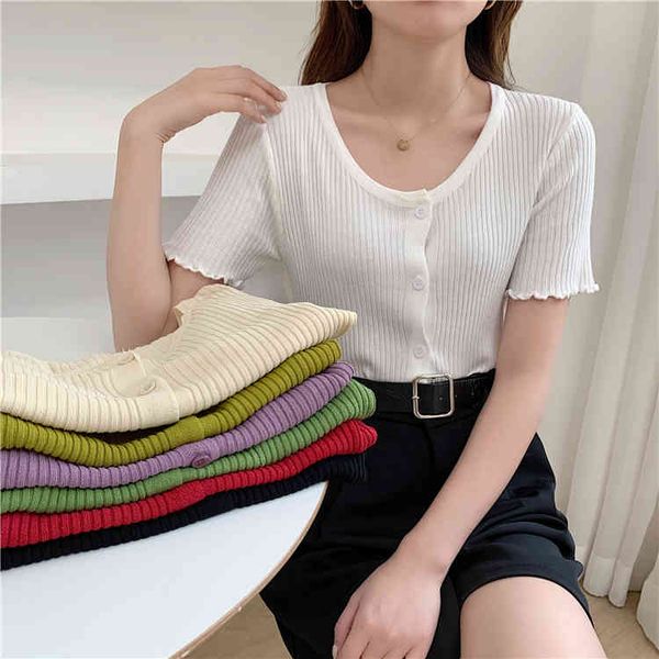 

fashion summer kknitted short-sleeved cardigan round neck single-breasted wooden ears hem elasticity thin 210512, White