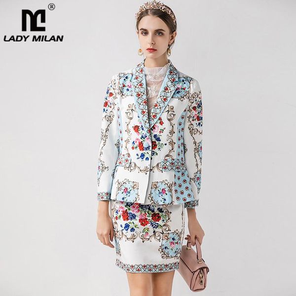

two piece dress women's runway twinsets turn down collar long sleeves printed blazer with short pencil floral skirt suit sets, White