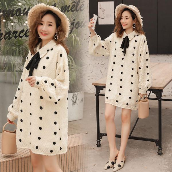 

maternity dresses 9365# dress spring autumn chiffon long sleeve loose polka dot for pregnant women mom, White