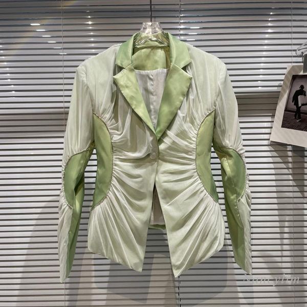 

women's jackets fold pleated jacket women 2021 early autumn outer mesh rhinestone edge design slim waist tight suit short coat femme, Black;brown