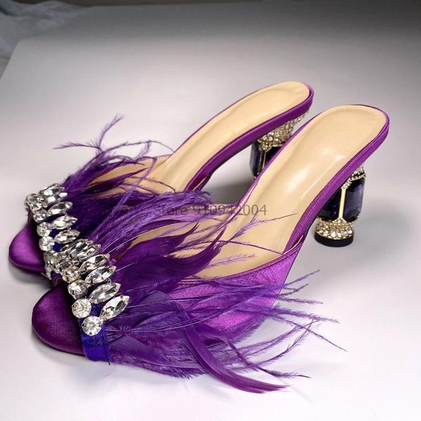 

purple feather slipper women low chunky crystal dance shoes satin ladies fur sandals t show party slippers, Black