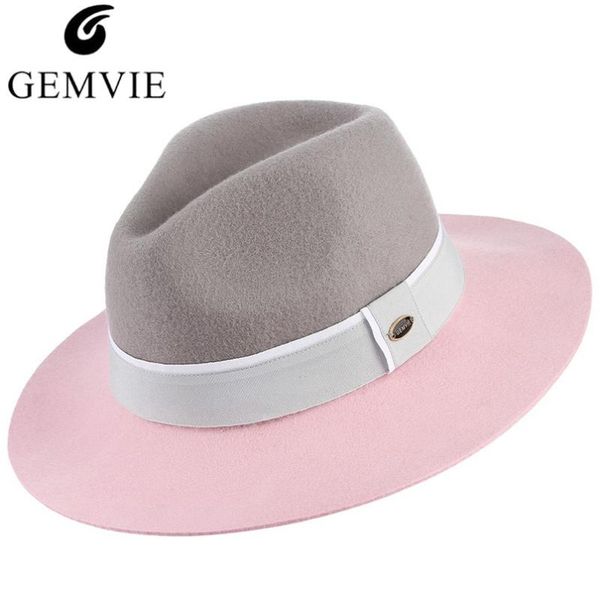 

stingy brim hats women fedora hat quality 100% wool fedoras trendy patchwork color jazz cap outdoor wide sun panama adjustable size, Blue;gray