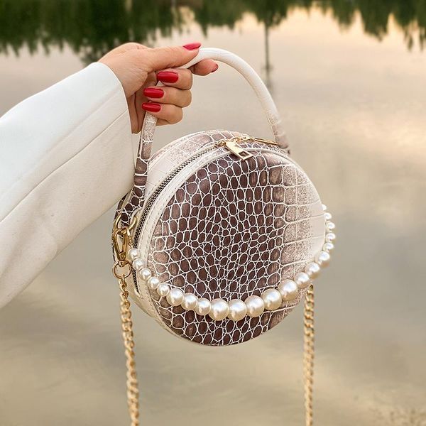 

evening bags crocodile pattern western style summer small round bag 2021 fashion pearl portable women's designer wild chain messenger