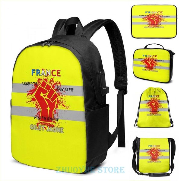 

backpack funny graphic print yellow vest france usb charge men school bags women bag travel laptop