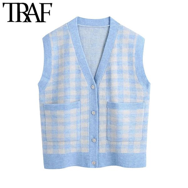 

traf women fashion oversized check knitted vest sweater vintage v neck rhinestone button female waistcoat chic 210415, White