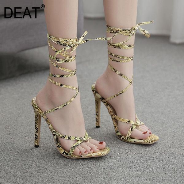 

dress shoes [deat]2021 spring summer square toe ankle narrow band split snake pattern thin high heels sandals for women 10g673, Black