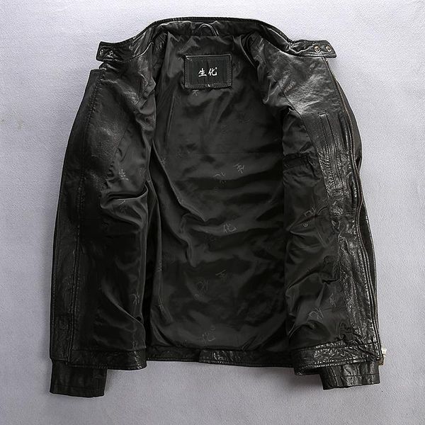 

slim arrival fitted motorcycle leather jacket men epaulet pockets vegetable tanned sheepskin casual coat men's & faux, Black
