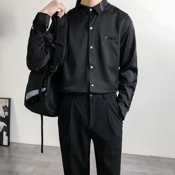 

spring and summer youth men's slim solid color long-sleeved shirt fashion casual single-breasted shirts, White;black