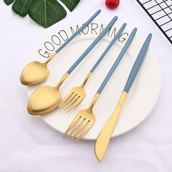 

flatware sets 1/2/4/6set dinnerware cutlery set matte blue gold dinner knife dessert fork spoon 18/10 stainless steel tableware
