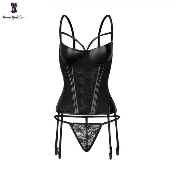 

strap women faux leather floral lace boned overbust corset black waist bustier cincher bodyshaper