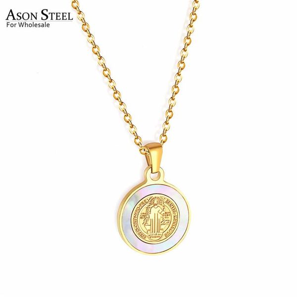 

pendant necklaces asonsteel 316l stainless steel choker round shell jesus fashion necklace jewelry for women anniversary gift, Silver