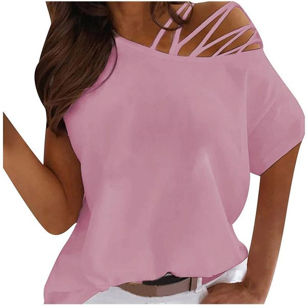 

women's blouses & shirts solid color one side shoulder cut-out one-neck short-sleeved t-shirt blouse women 2021 summer loose, White