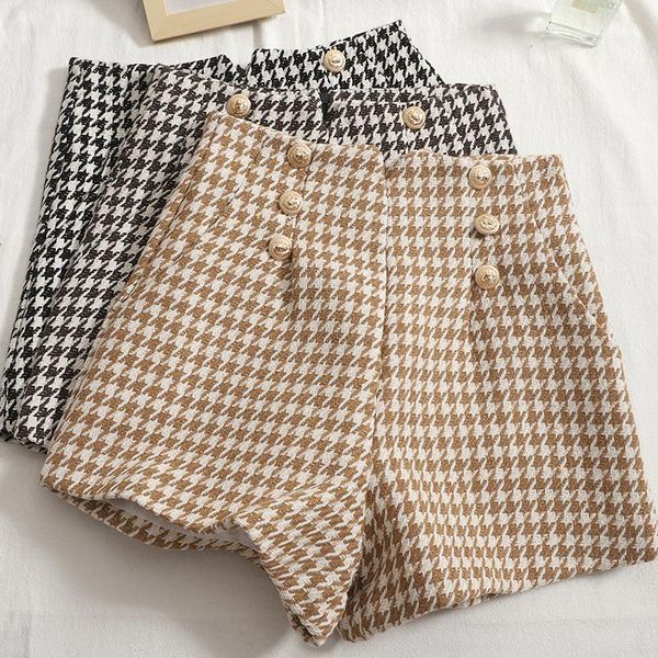 

women's shorts bright silk houndstooth women 2021 autumn and winter straight double-breasted high-waisted wide-leg boots pants, White;black
