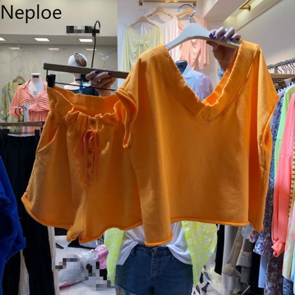 

two piece dress neploe 2 set spring 2021 loose v neck short sleeve ladies t shirts +stretch waist drawstring shorts fashion suits 1a323, White