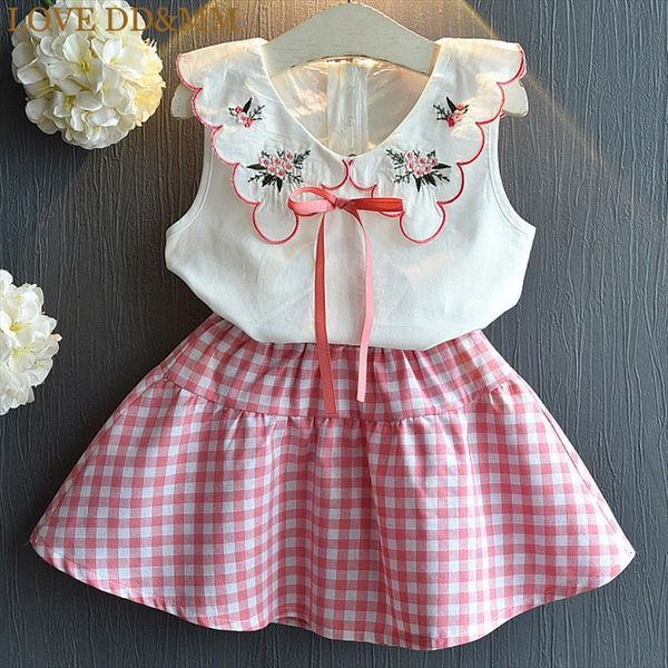 

girls sets summer fashion embroidery petal collar vest t shirts plaid skirts two piece suit, White