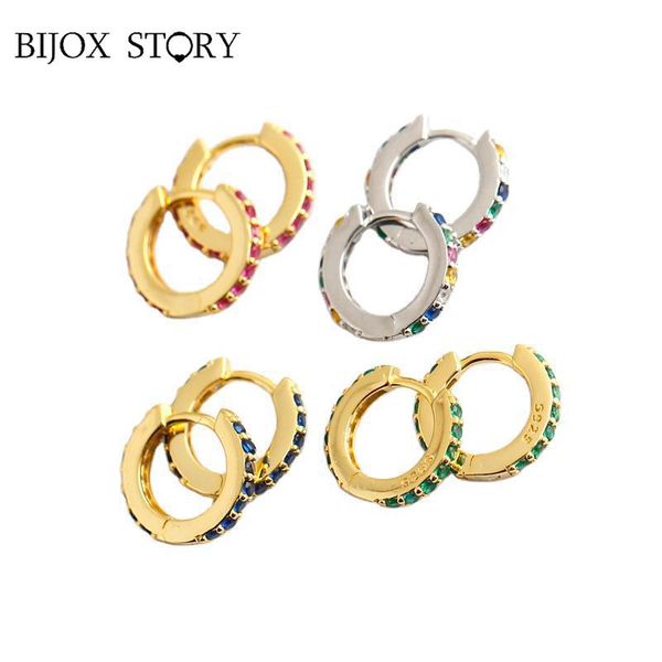

hoop & huggie bijox story color zircon round earrings for women real 925 sterling silver 7mm vintage anniversary engagement fine jewelry, Golden;silver