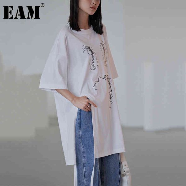 

[eam] women side slit pattern printed big size t-shirt round neck half sleeve fashion spring summer 1dd8760 21512, White
