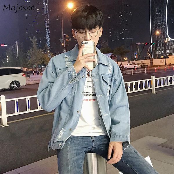 

men's jackets men denim solid retro designer hole hip hop couple stylish ulzzang single breasted teenager outwear wind-proof homme, Black;brown