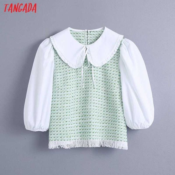 

tangada women retro tweed patchwork oversize collar shirt puff sleeve chic female short blouse shirt be684 210609, White