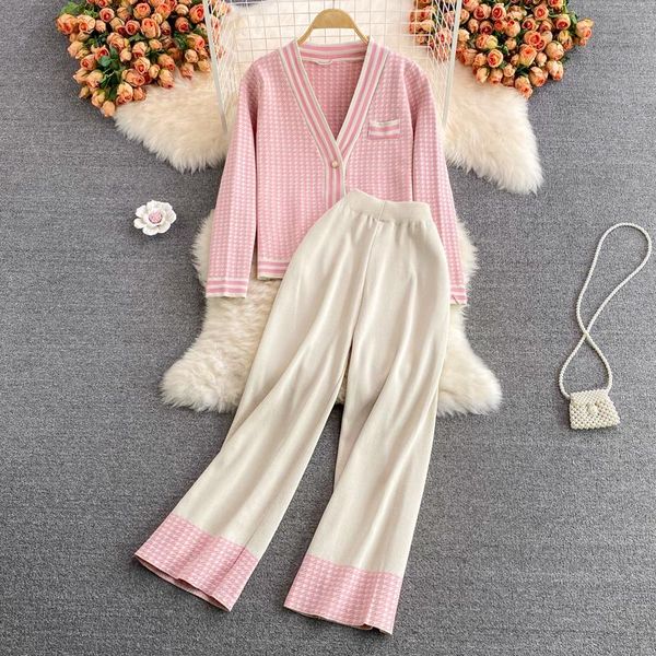 

women's two piece pants autumn high waist thin wide leg knitted color matching leisure long two-piece suit v-neck cardigan jacket, White