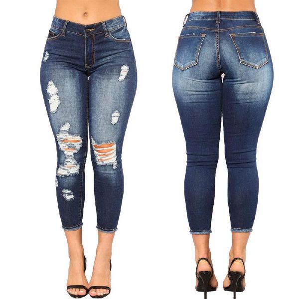 

women's jeans nine-point ripped jeans, small feet and tight hips fashion super stretchy, Blue