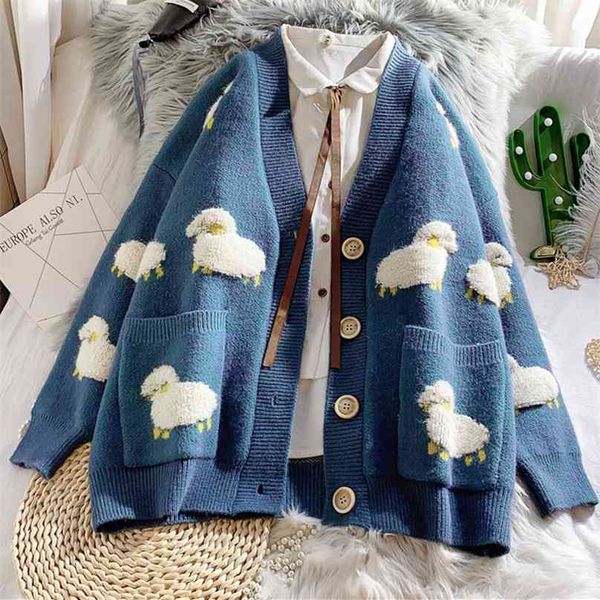

autumn winter knitted female cardigan loose streetwear knit sweater coat cute cartoon print v neck knitted cardigan women jacket 210918, White;black