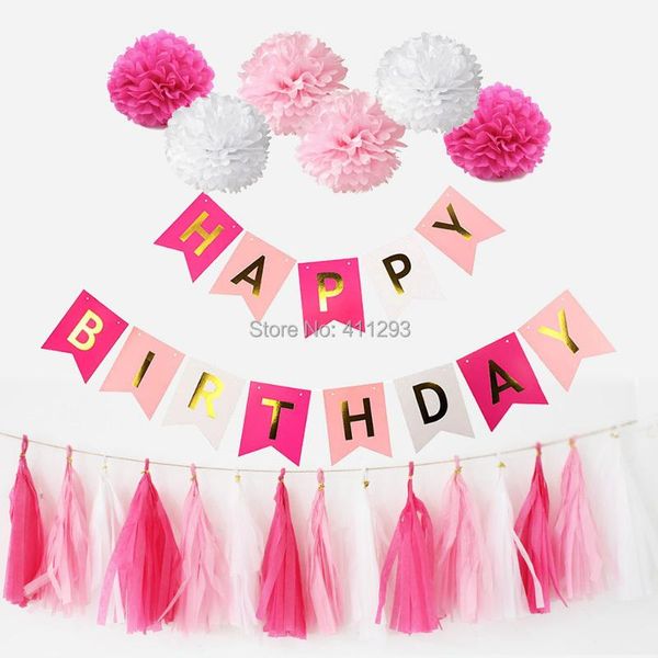 

happy birthday banners pink girl blue boy party decorations tissue paper tassel pom poms pastel tatssel decoration