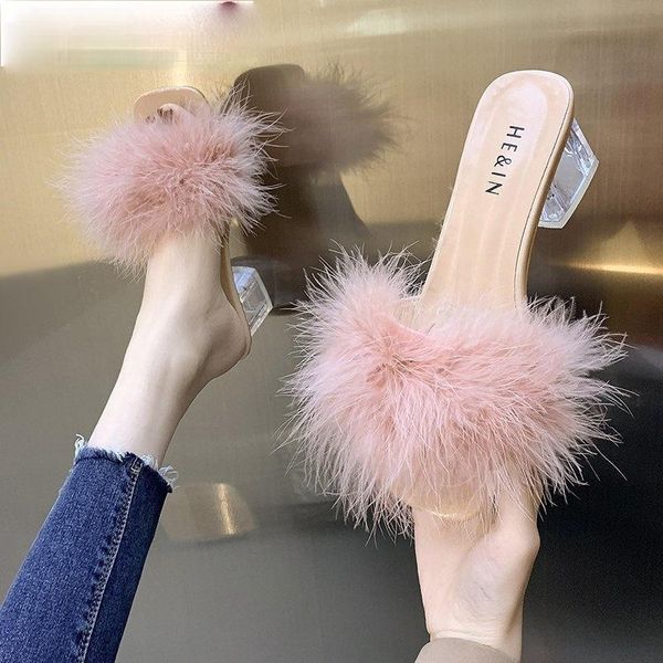

sandals women shoes transparent crystal high heels women's feather open toe square slippers beach woman, Black