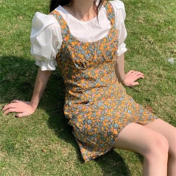 

casual dresses streetwear female puff sleeve dress two-piece suit summer loose breathable for daily life, Black;gray