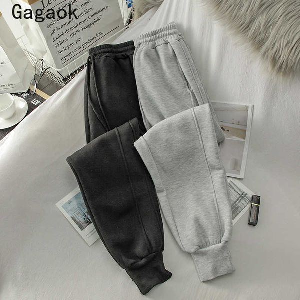 

thick sweatpants women winter solid high drawstring loose casual korean simple warm fashion wild harem pant 210531, Black;white