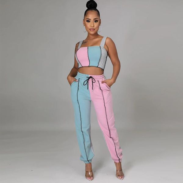 

women's tracksuits tnnaoff patchwork striped two piece women set sling vest summer fashion lace up pants streetwear club outfits, Gray