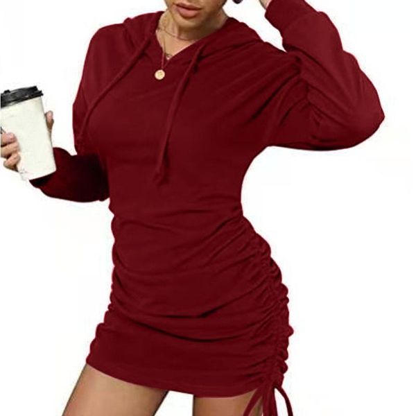 

casual dresses 40# solid color drawstring hooded dress women elegant long sleeve pullover mini wrap hip vestidos, Black;gray
