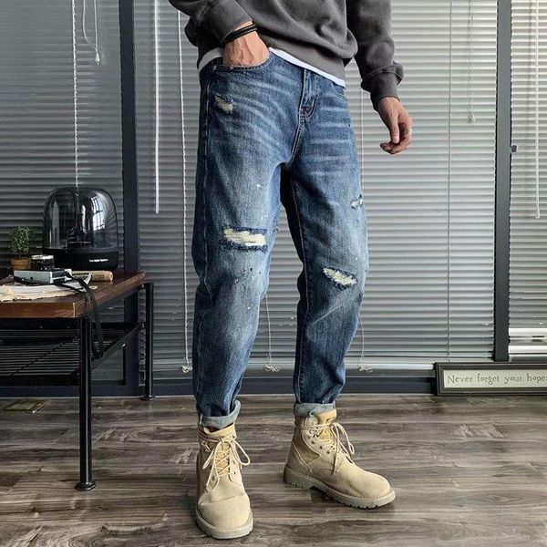 

men's jeans men ripped fashion grid straight stretch male casual denim pencil pants hip hop retro hole trousers, Blue