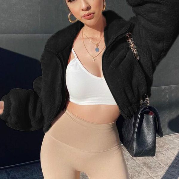 

women's fur & faux cropped jacket winter outwear 2021 women soft plush long sleeve coat drop fashion clothing fake black