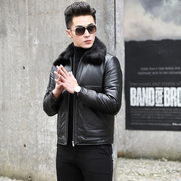 

men's leather & faux men autumn winter jacket genuine cow mens duck down coat real slim jackets jaqueta de couro nr47 yy624, Black