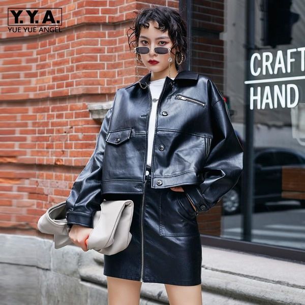 

designer zipper loose biker pu leather jacket women fashion single breasted office coat square collar punk full sleeve outerwear women', Black