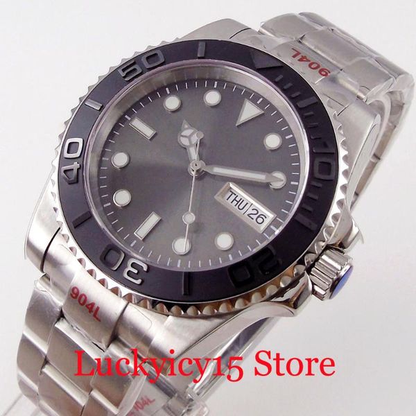 

wristwatches bliger nologo grey sunburst dial 40mm automatic men watch nh36a movement black ym insert calendar weekday oyster band, Slivery;brown