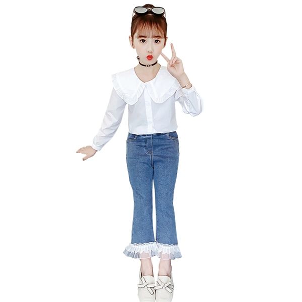 

kids clothes blouse + jeans for girls patchwork teenage casual style children's clothing 6 8 10 12 14 210527, White