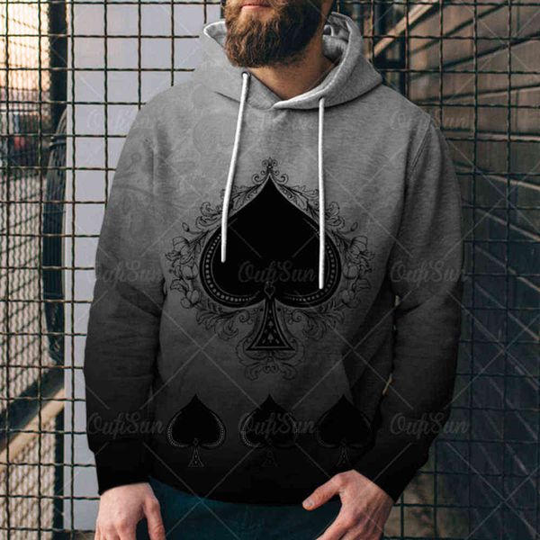 

fashion skeleton poker printed men's sweater street hoodie, Black