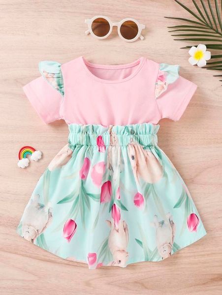 

baby rabbit & floral print ruffle trim dress she, Red;yellow