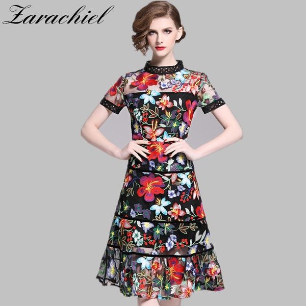 Mulheres Verão Marca Designer Malha Floral Bordado Vestidos De Manga Curta Patchwork Hollow Out Slim Ruffles Fishtail Dress 210416