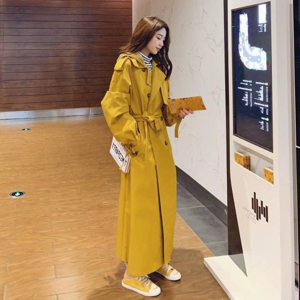 

women's trench coats yellow hooded coat women clothes fashion casual outwear overknee windbreaker removable hoodie loose tied with belt, Tan;black