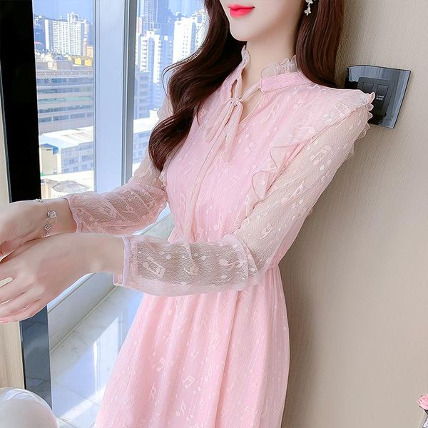 

casual dresses coigarsam women korean dress fashion one piece autumn spring 2022 cute mesh high waist pink white robe vestidos, Black;gray