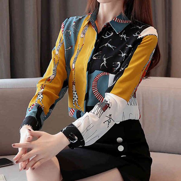 

long sleeve vintage blouse female cartoon print lapel shirt loose single-breasted fashion blouses x0521, White