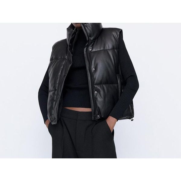 

women's vests black stand collar casual women fashion zipper pu leather sleeveless coats elegant autumn winter short waistcoat jacket, Black;white