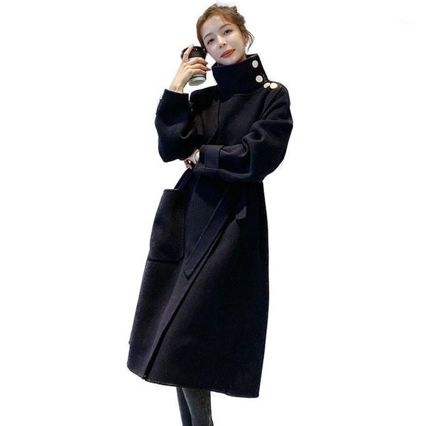 

women's wool & blends 2021 korean woolen coat autumn winter long slim belt fashion outwear female overcoat jacket plus size a451, Black