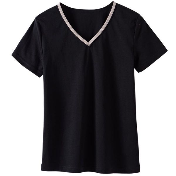 

women's t-shirt 2021 summer pure cotton short-sleeved metal chain wild v-neck solid color casual slim-fit plus size top, White