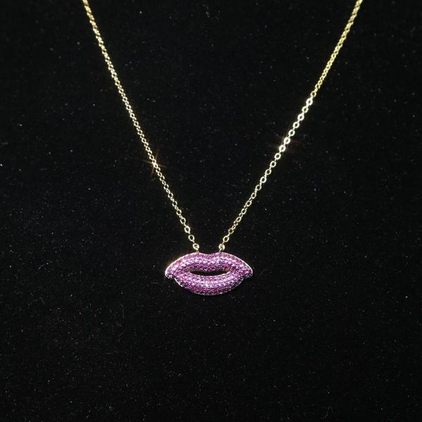 

gold color trendy style party charm pendant micro pave ladies delicate rhinestone cz red lips necklaces jewelry gifts chains, Silver