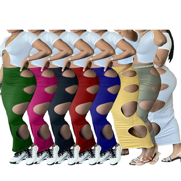 Летняя мода пляж сплошной юбку отверстие новинка высокая талия сексуальная стройная макси 6 человек юбки Femme x0428