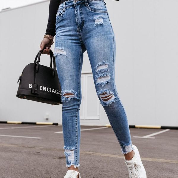 

women's jeans women high-rise ripped stretch slim-fit button ladies high waist pocket elastic hole trousers slim denim pants mujer, Blue